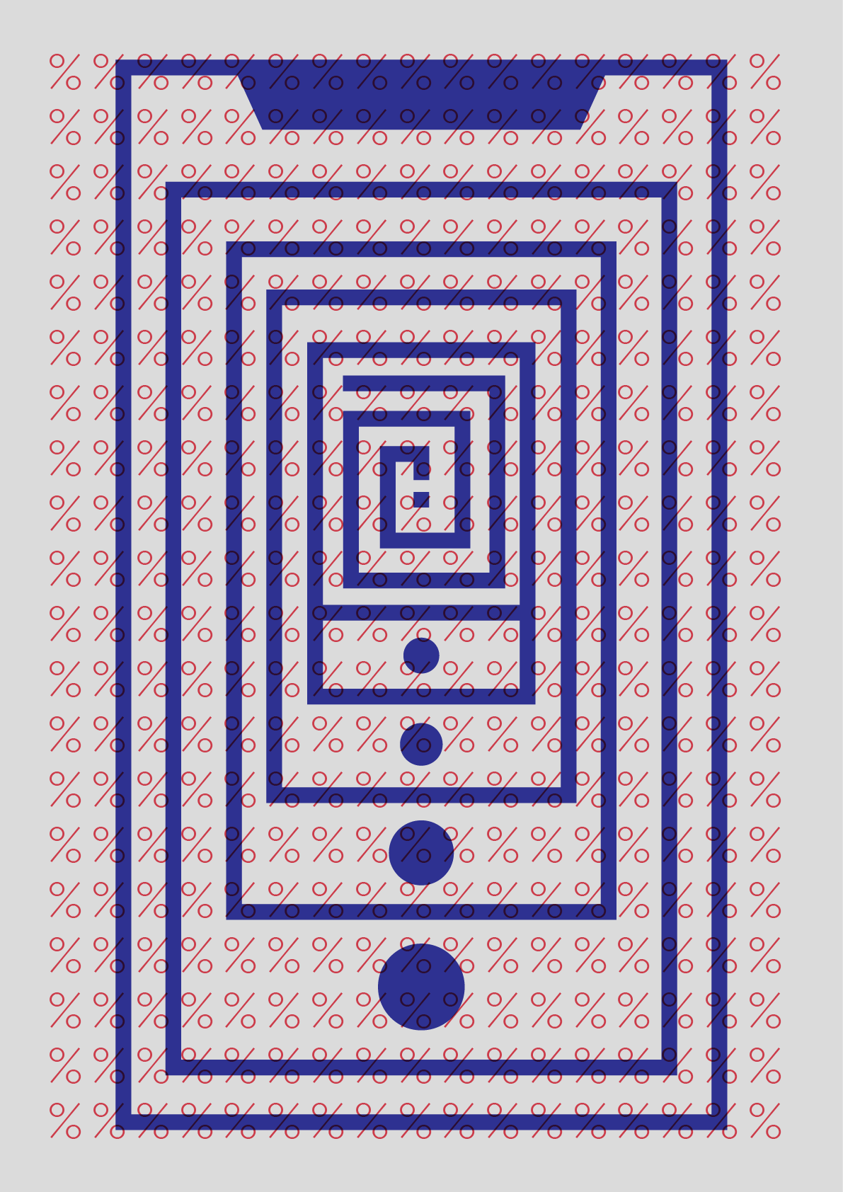 A phone drawn in thick navy lines as rectangles spiralling inwards, over a field of red percent signs.